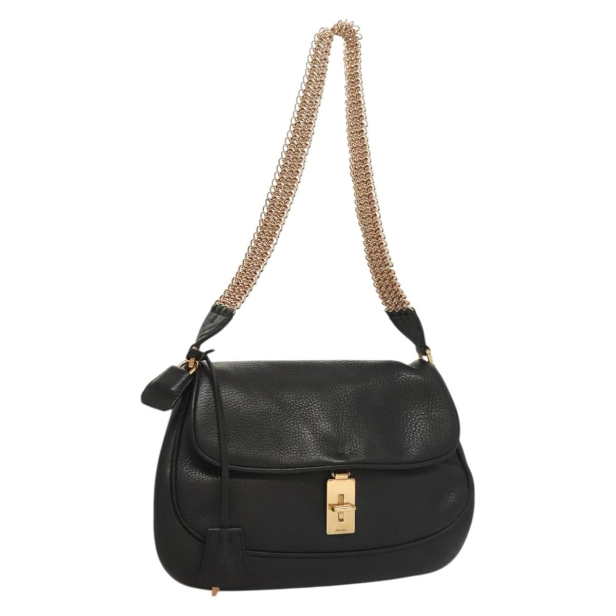 PRADA Chain Shoulder Bag Leather Black Gold Auth 132747V
