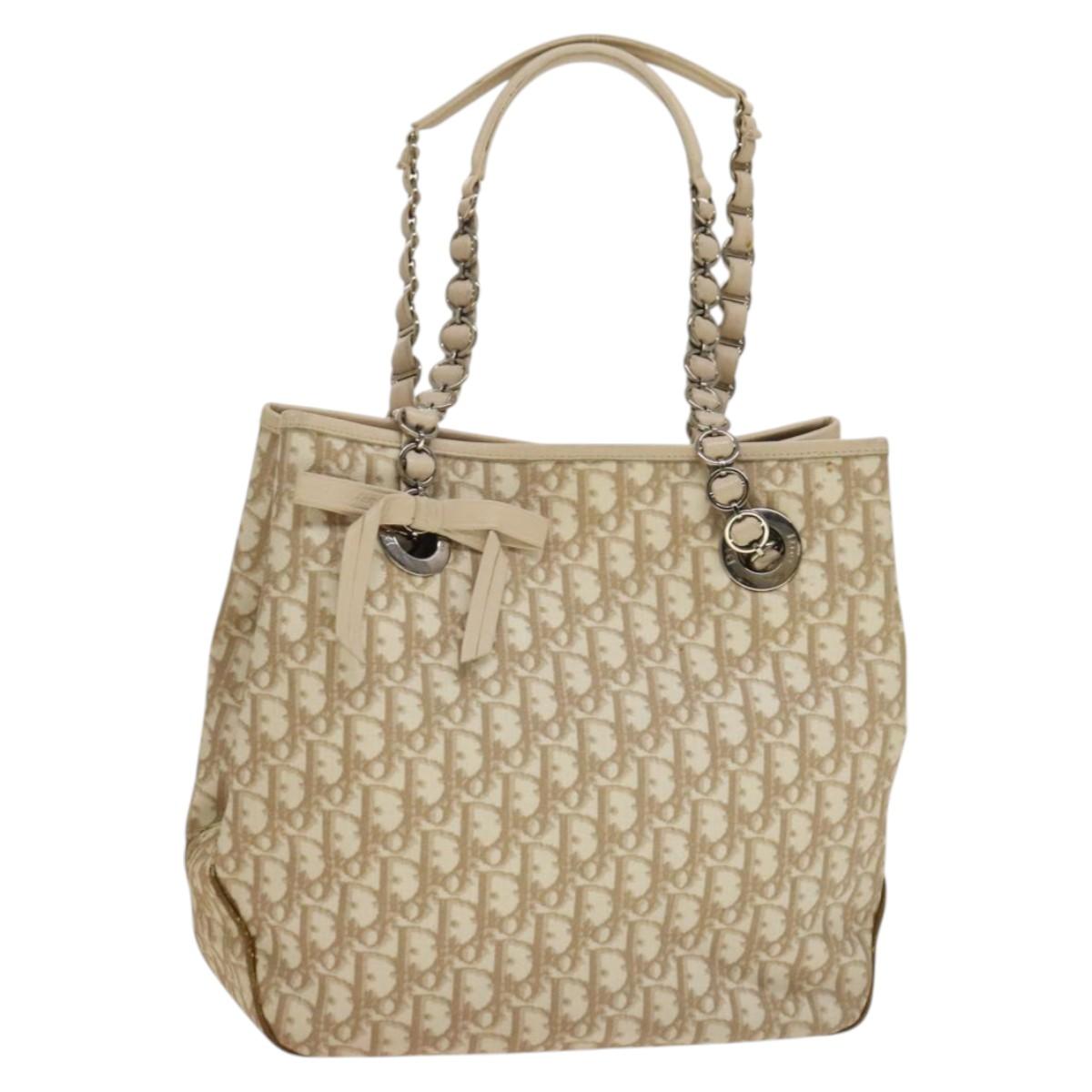 Christian Dior Trotter Canvas Romantic Chain Bag PVC Beige Silver Auth 132755