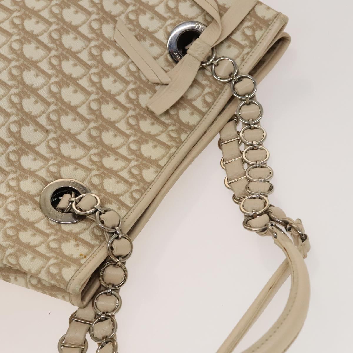 Christian Dior Trotter Canvas Romantic Chain Bag PVC Beige Silver Auth 132755