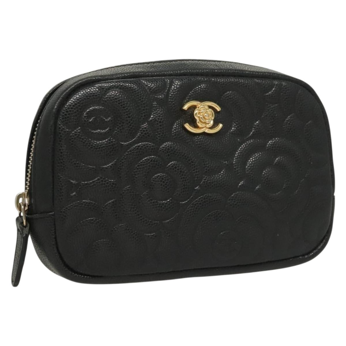 CHANEL Camelia Pouch Caviar Skin Gold Black CC Auth 132805M