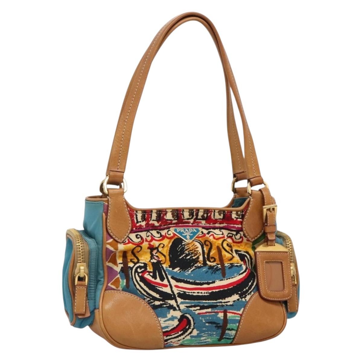 PRADA Hand Bag Canvas Navy Gold Auth 132825V