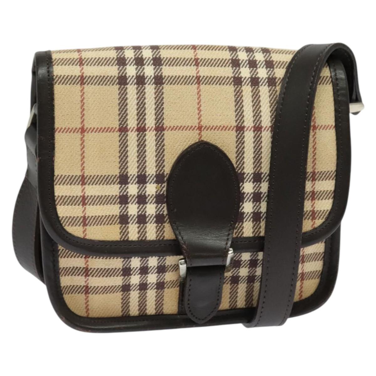 BURBERRY Nova Check Blue Label Bag Canvas Leather Beige Silver Auth 132828