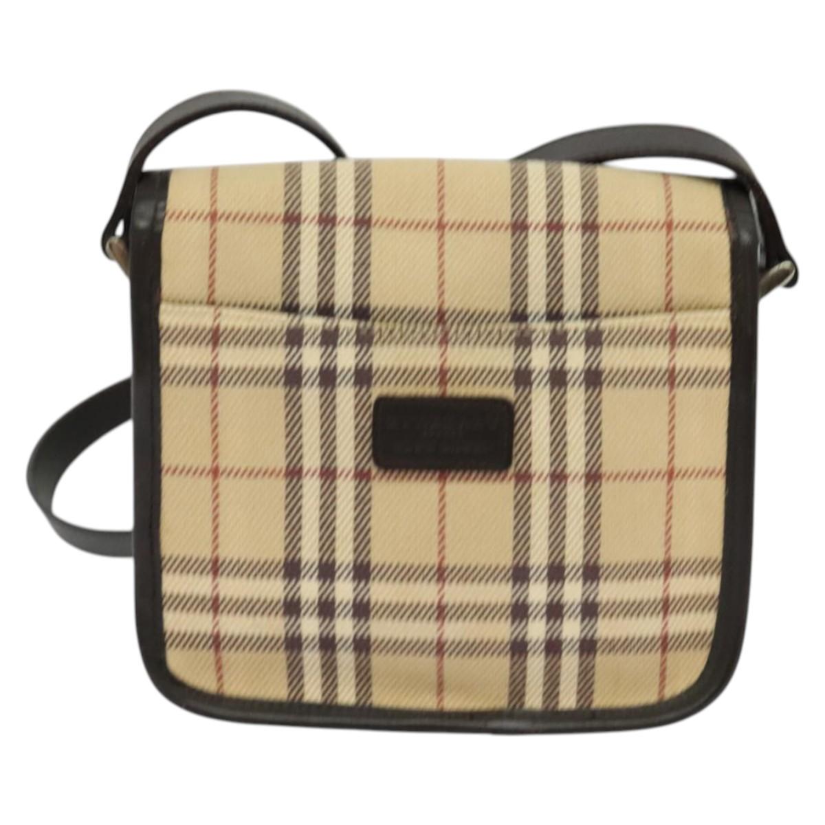 BURBERRY Nova Check Blue Label Bag Canvas Leather Beige Silver Auth 132828