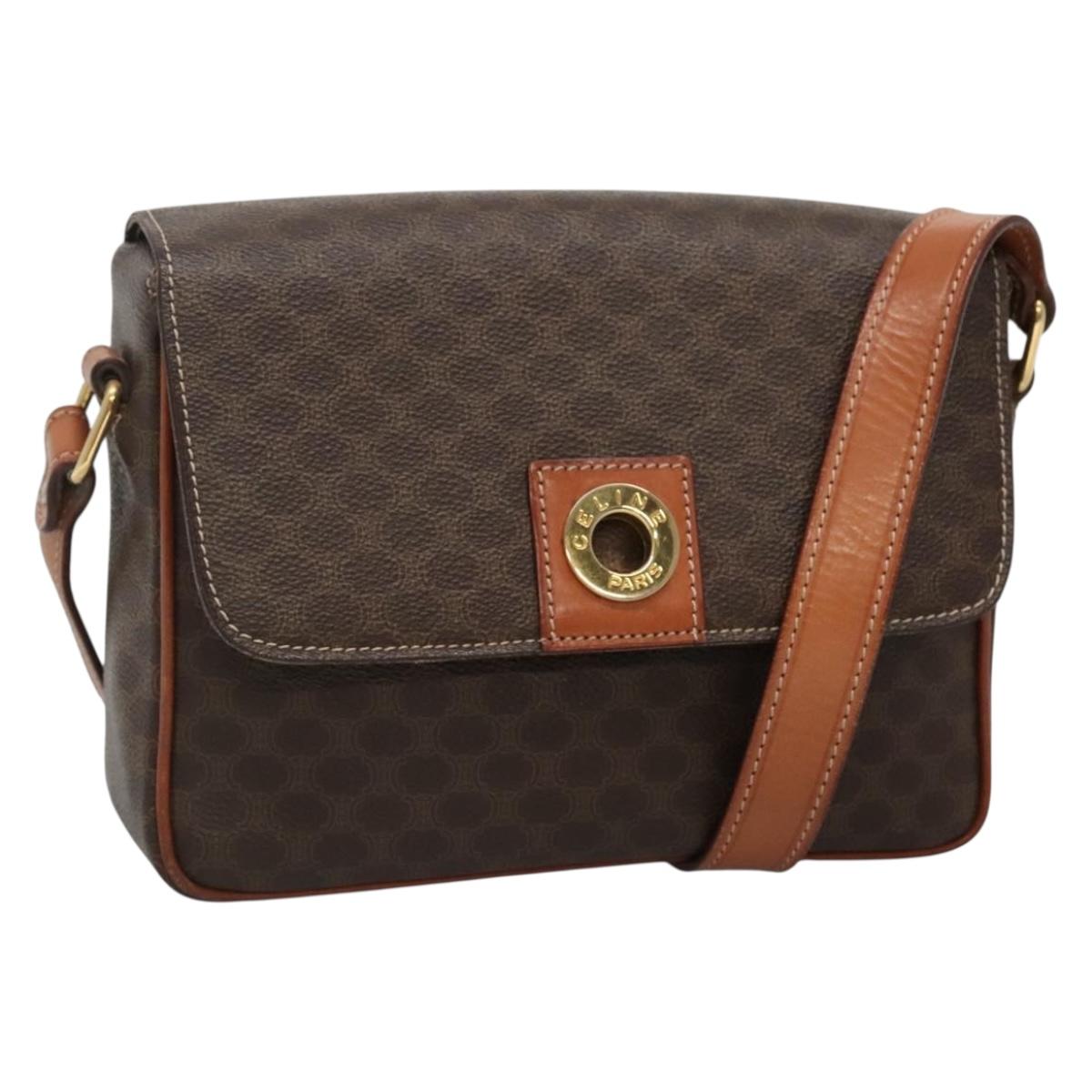 CELINE Macadam Canvas Shoulder Bag PVC Leather Brown Gold Auth 132889