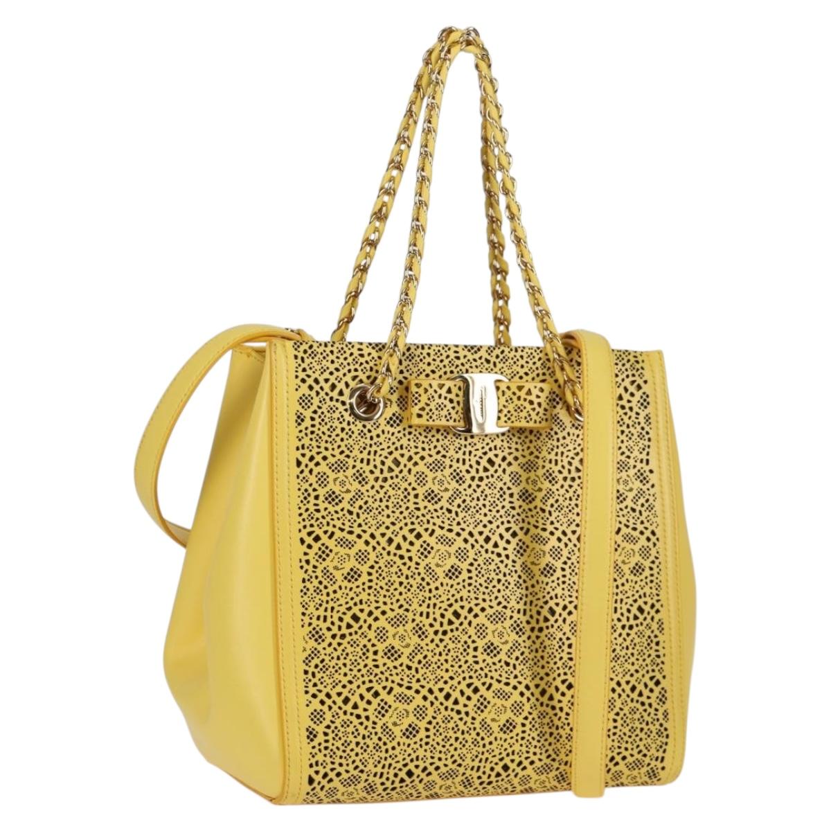 Salvatore Ferragamo Vala Chain Bag Leather 2way Yellow Gold Auth 132893V