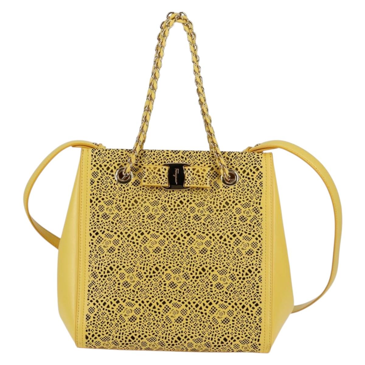 Salvatore Ferragamo Vala Chain Bag Leather 2way Yellow Gold Auth 132893V