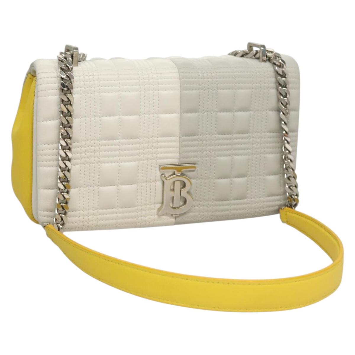 BURBERRY Chain Roller Shoulder Bag Leather White Silver Auth 132944