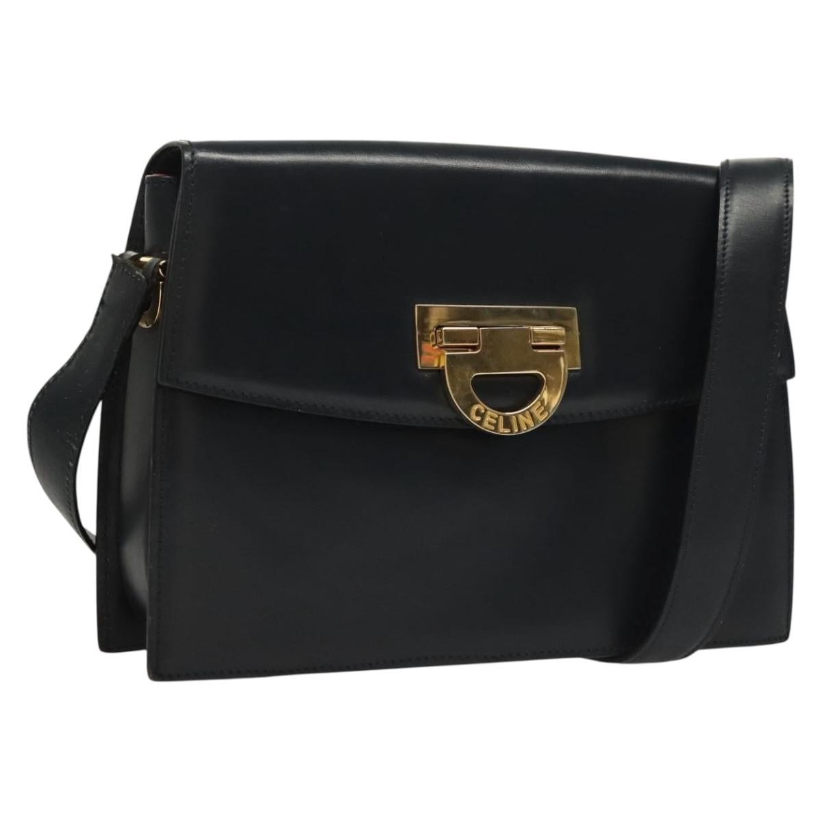 CELINE Shoulder Bag Leather Navy Gold Auth 132947