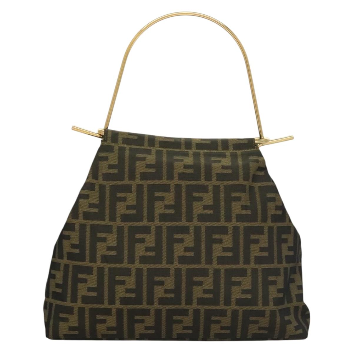 FENDI Zucca Canvas Metal Hand Bag Black Brown gold Auth 132951