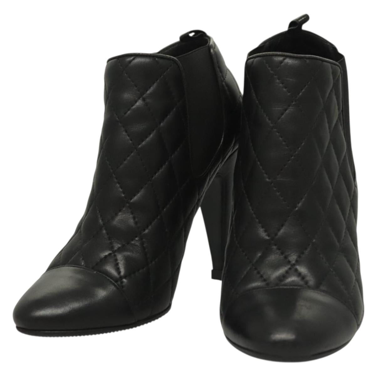 CHANEL Matelasse Side Gore Heel Boots Lamb Skin Black CC Auth 132992V