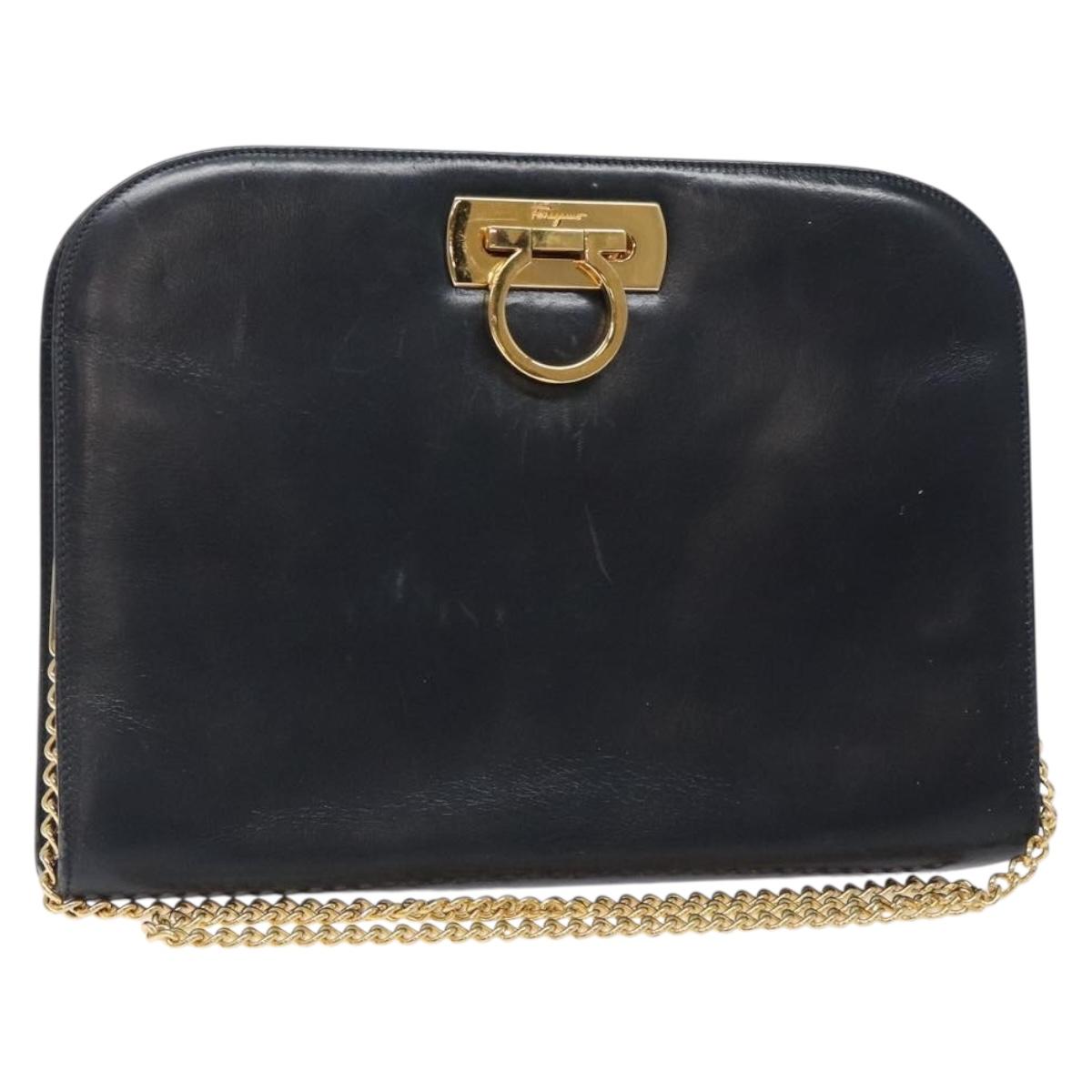Salvatore Ferragamo Gancini Chain Shoulder Bag Leather Navy Gold Auth 133024