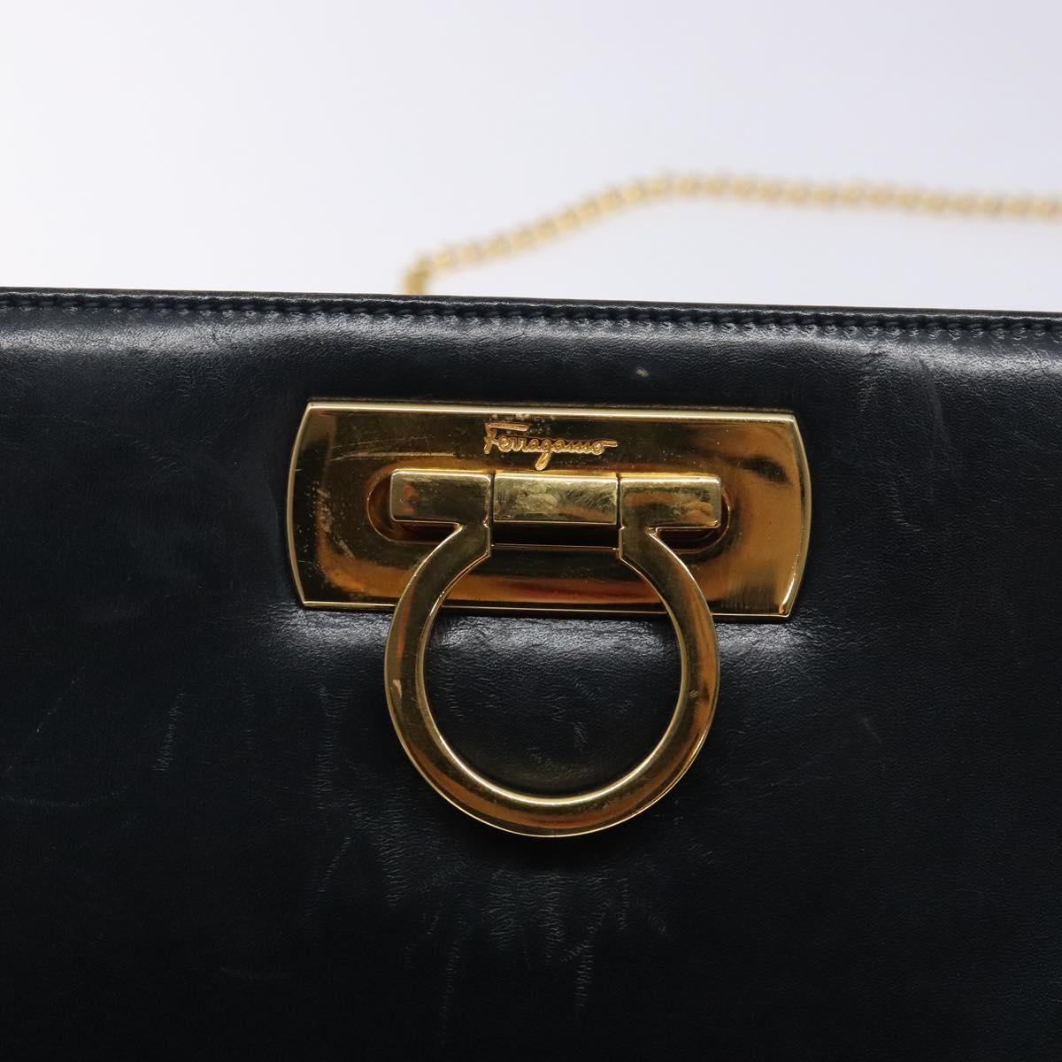Salvatore Ferragamo Gancini Chain Shoulder Bag Leather Navy Gold Auth 133024