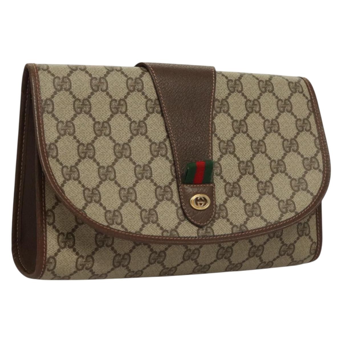 GUCCI GG Supreme Web Sherry Line Clutch Bag PVC Beige 156 01 030 Auth 133029