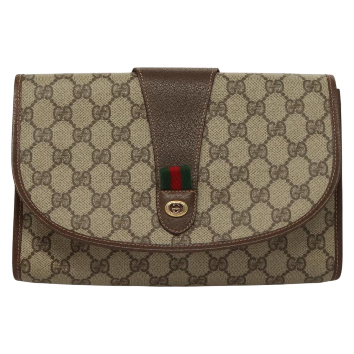 GUCCI GG Supreme Web Sherry Line Clutch Bag PVC Beige 156 01 030 Auth 133029