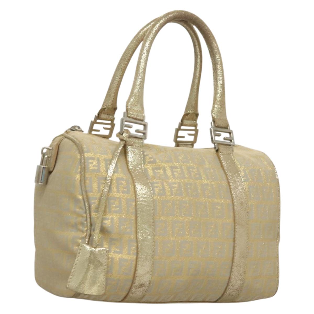 FENDI Zucchino Canvas Hand Bag Silver Gold Auth 133034