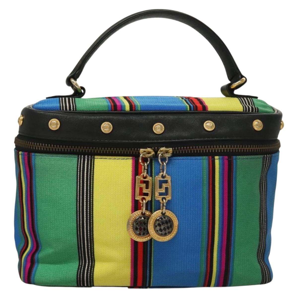 Gianni Versace Vanity Hand Bag Canvas 2way Blue Gold Auth 133035