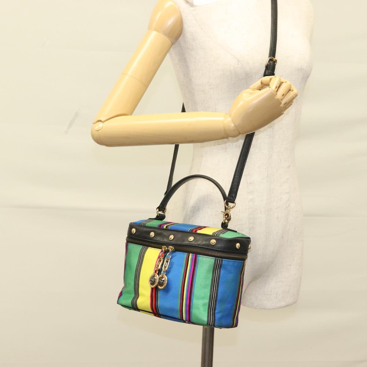 Gianni Versace Vanity Hand Bag Canvas 2way Blue Gold Auth 133035