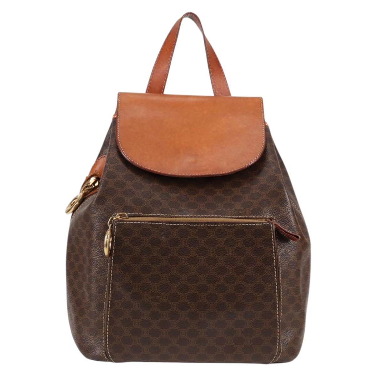 CELINE Macadam Canvas Backpack PVC Leather Brown Gold Auth 133049