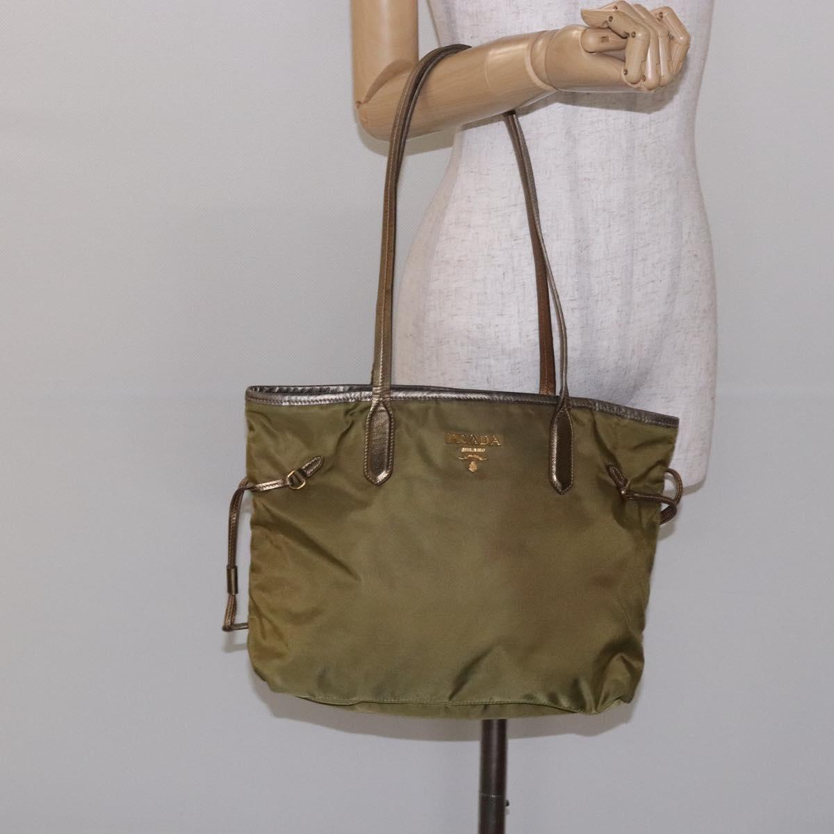 PRADA Tote Bag Nylon Khaki Gold Auth 133051