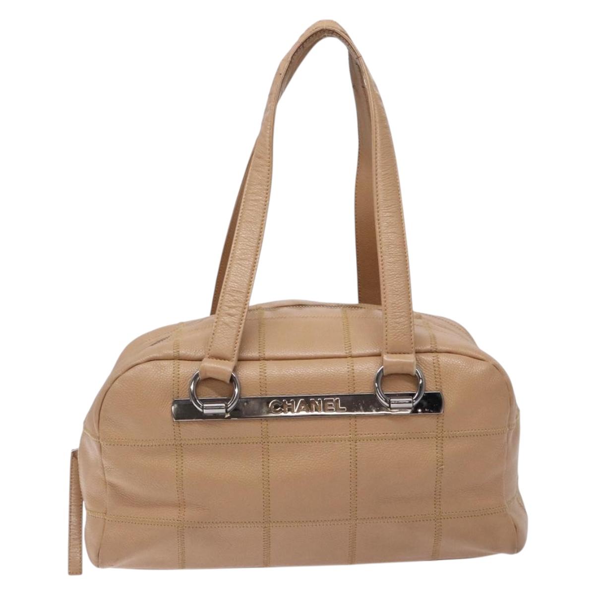 CHANEL Choco Bar Hand Bag Caviar Skin Beige Silver CC Auth 133063