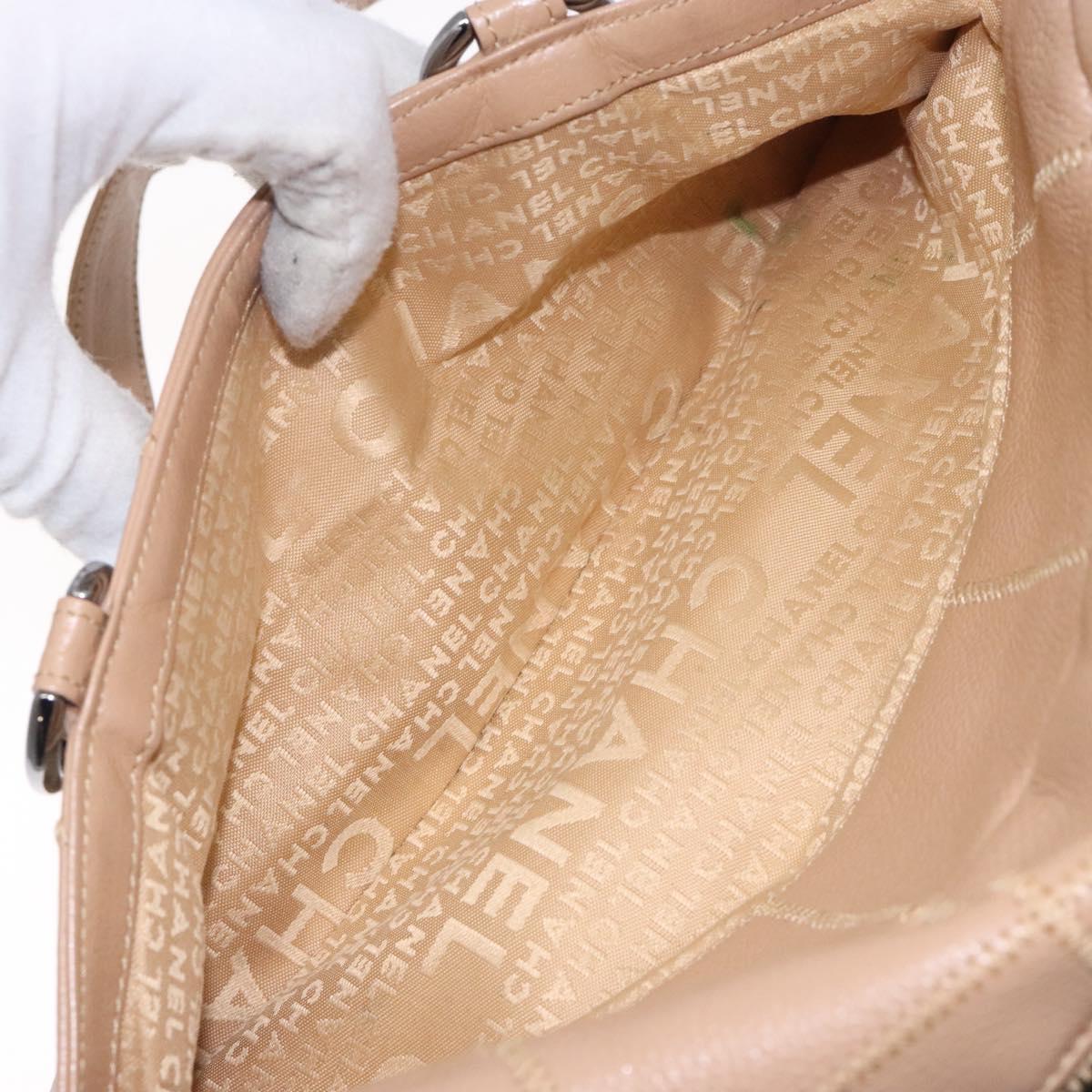 CHANEL Choco Bar Hand Bag Caviar Skin Beige Silver CC Auth 133063