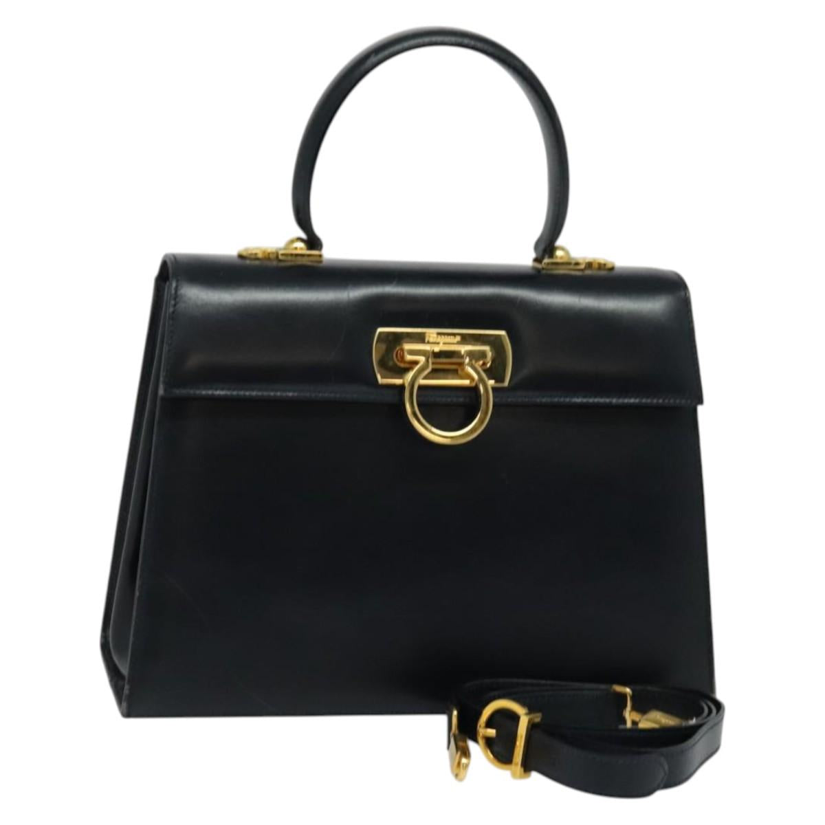 Salvatore Ferragamo Gancini Hand Bag Leather 2way Navy Gold Auth 133139