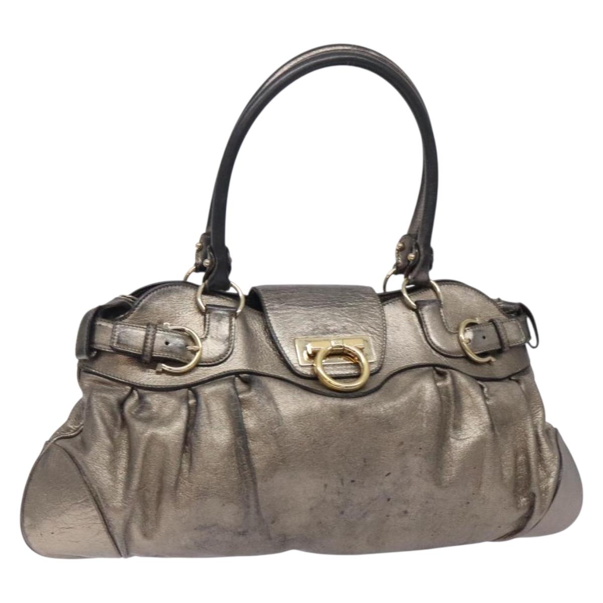 Salvatore Ferragamo Gancini Hand Bag Leather Silver Gold Auth 133160