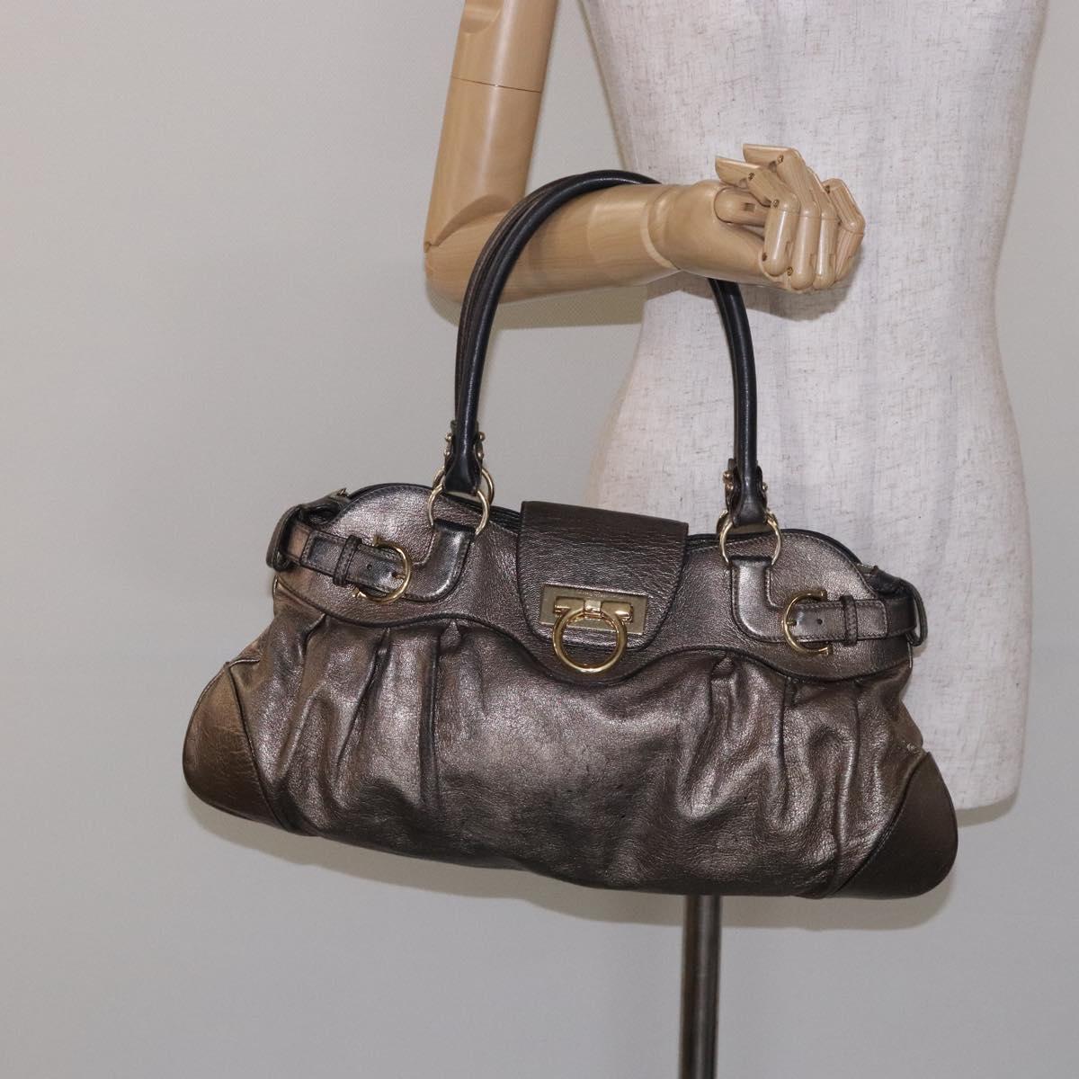 Salvatore Ferragamo Gancini Hand Bag Leather Silver Gold Auth 133160