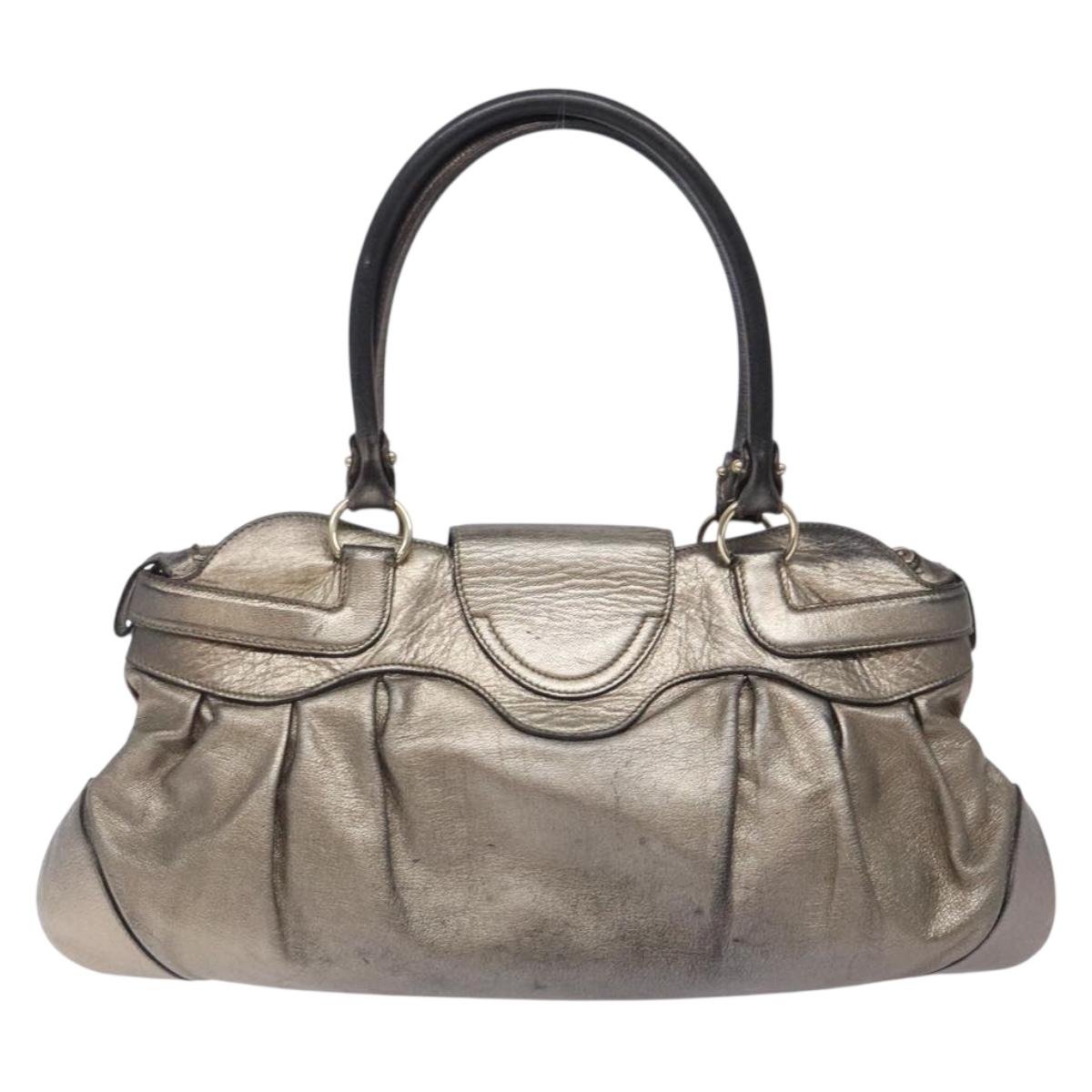 Salvatore Ferragamo Gancini Hand Bag Leather Silver Gold Auth 133160