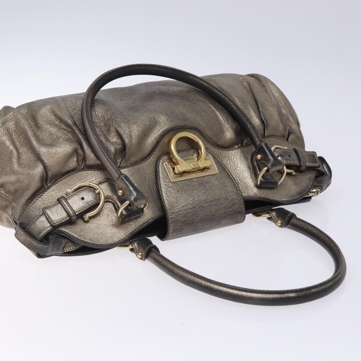Salvatore Ferragamo Gancini Hand Bag Leather Silver Gold Auth 133160