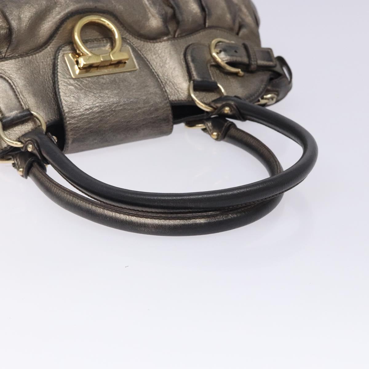 Salvatore Ferragamo Gancini Hand Bag Leather Silver Gold Auth 133160