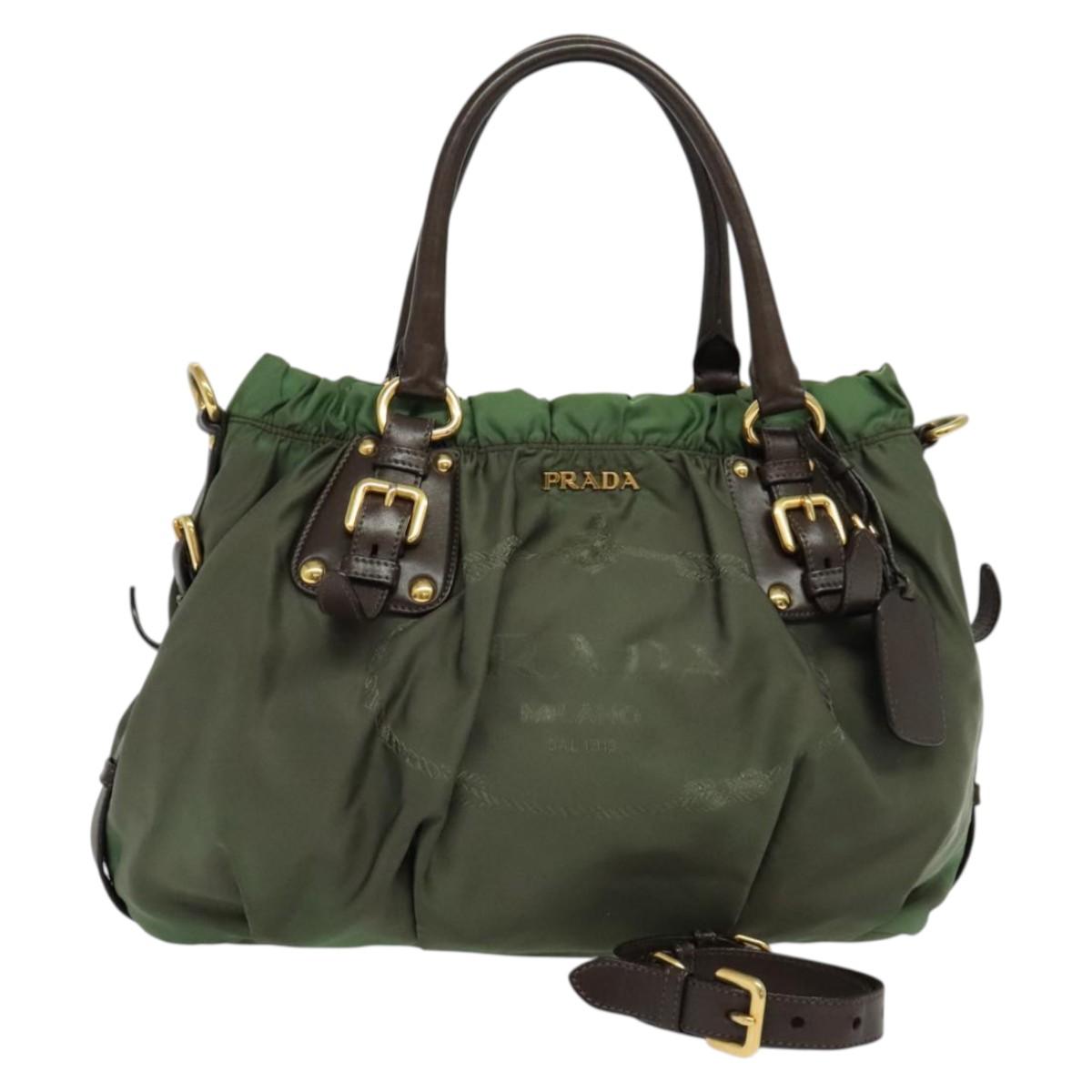 PRADA Hand Bag Nylon 2way Green Gold Auth 133162