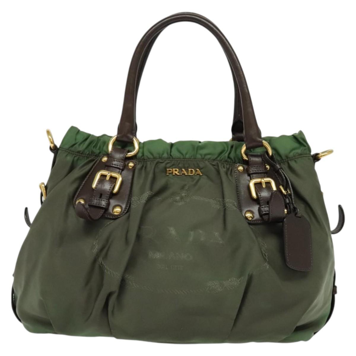 PRADA Hand Bag Nylon 2way Green Gold Auth 133162