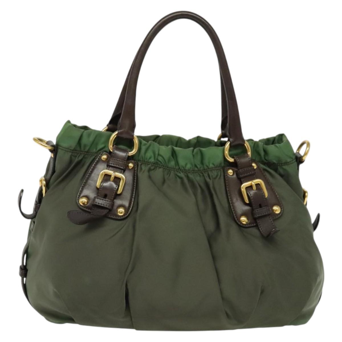 PRADA Hand Bag Nylon 2way Green Gold Auth 133162