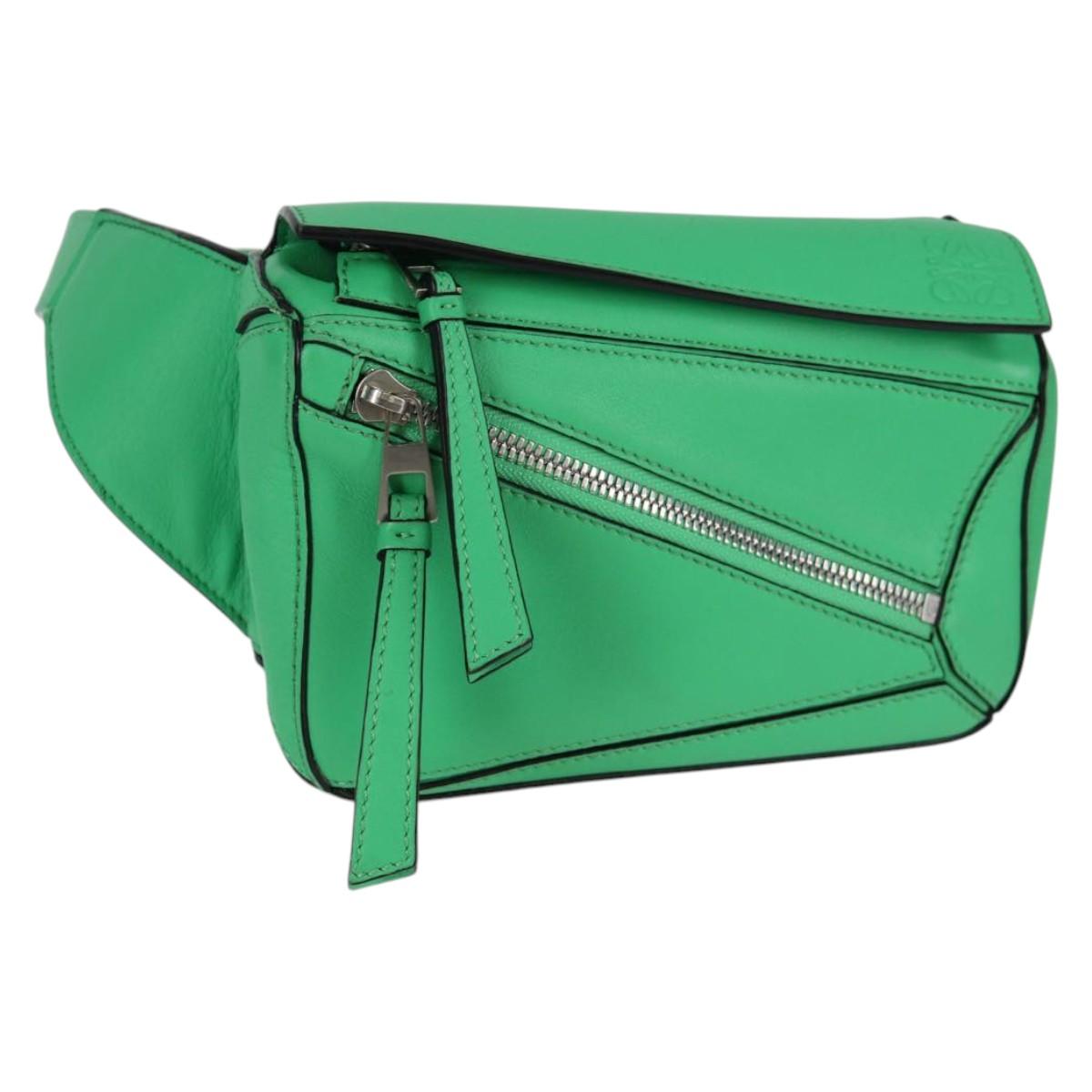 LOEWE Anagram Puzzle Body Bag Leather Green Silver Auth 133192SAM