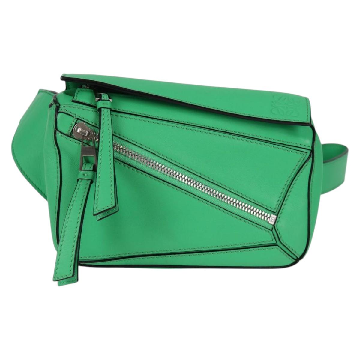 LOEWE Anagram Puzzle Body Bag Leather Green Silver Auth 133192SAM