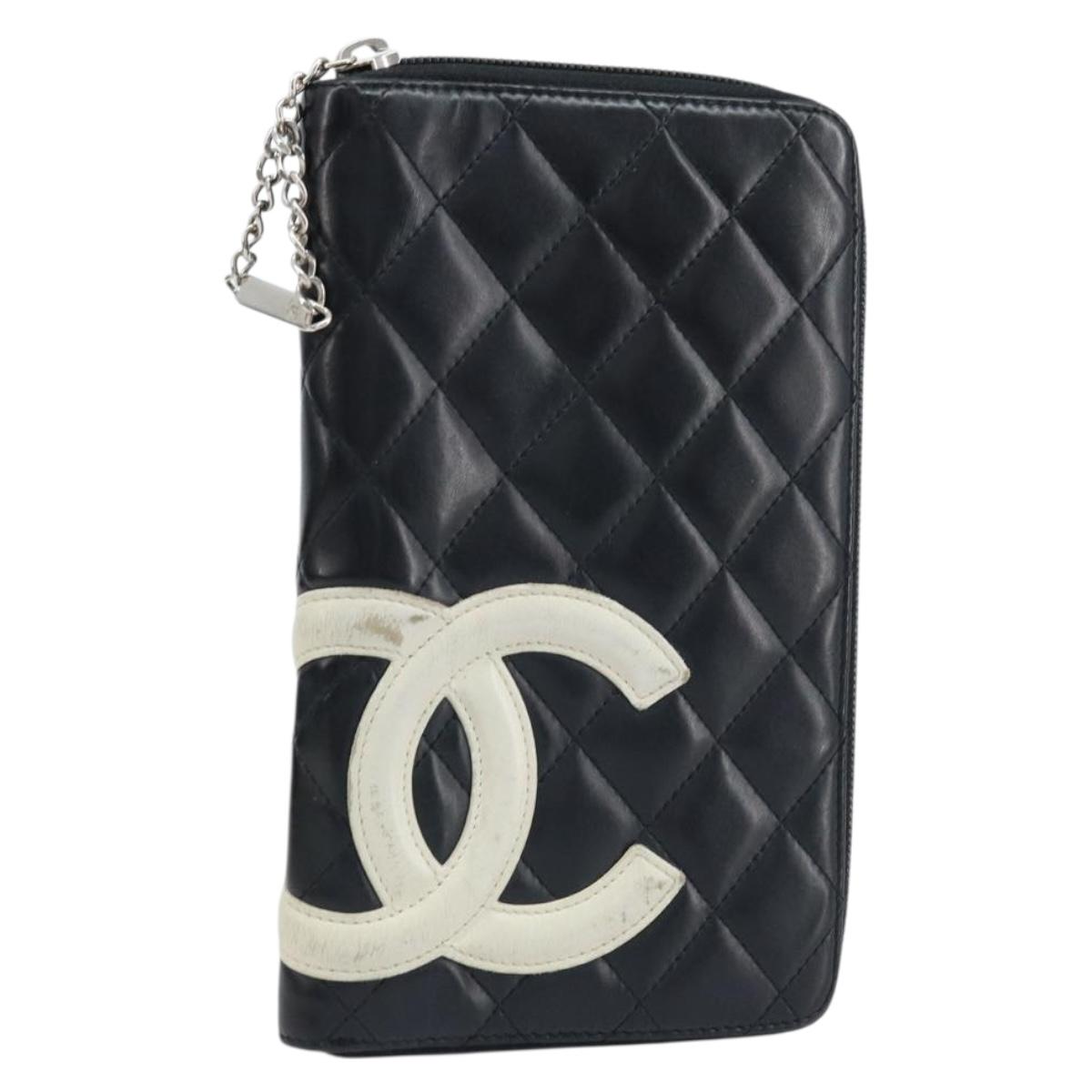 CHANEL Cambon Line Organizer Long Wallet Leather Black Silver CC Auth 133227
