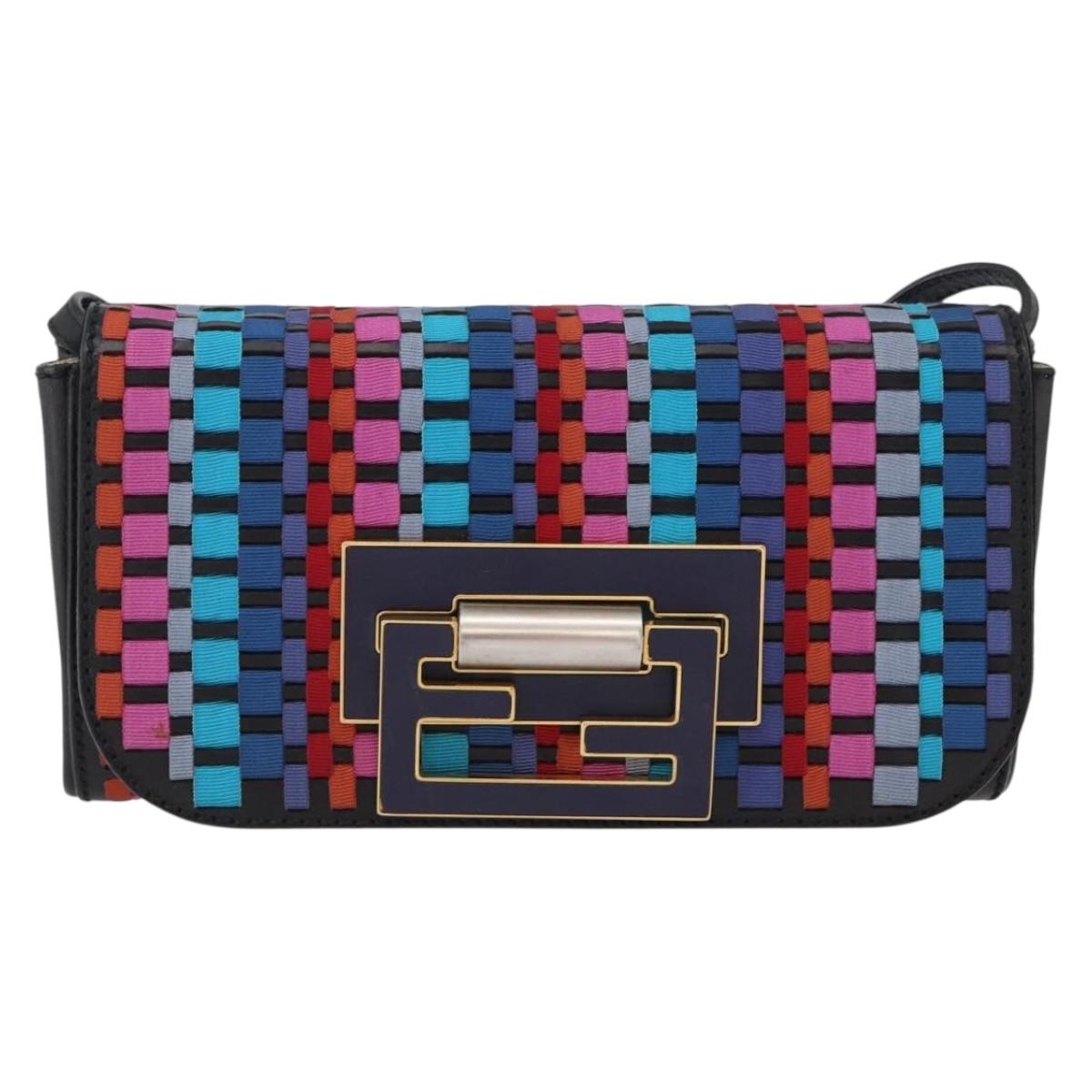 FENDI Shoulder Bag Leather Fabric Multicolor Gold Auth 133235SAM