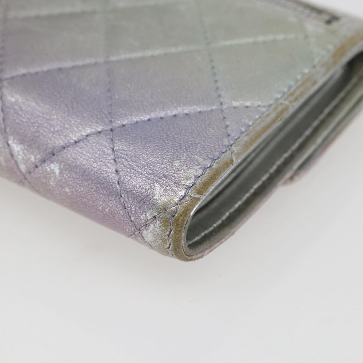 CHANEL Matelasse COCO Mark Bifold Wallet Lamb Skin Silver CC Auth 133240A