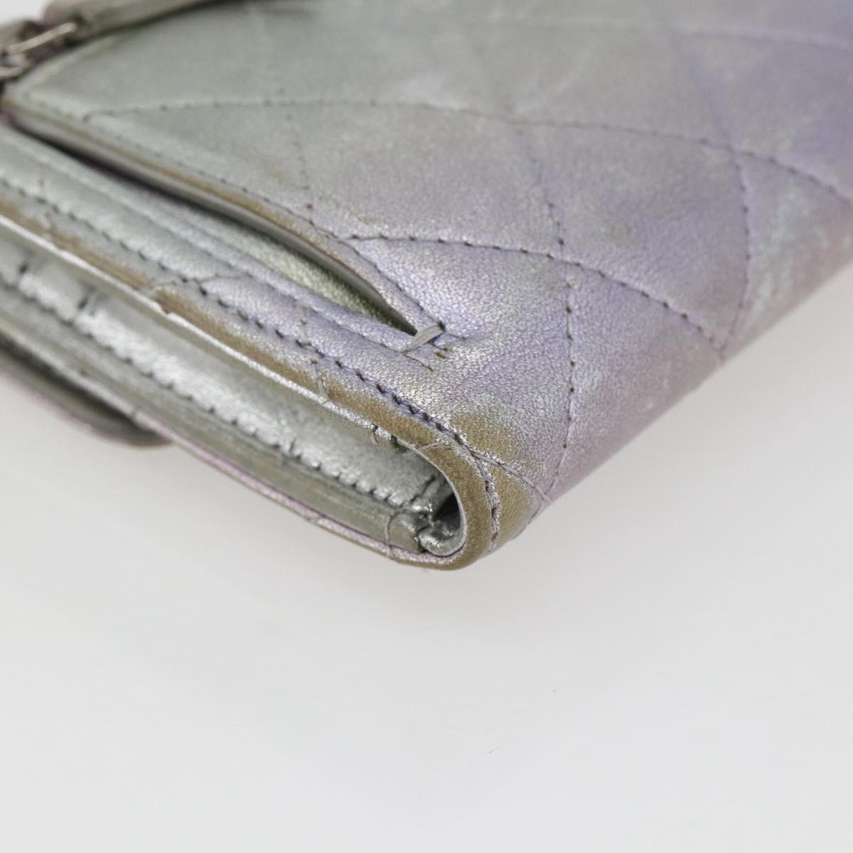 CHANEL Matelasse COCO Mark Bifold Wallet Lamb Skin Silver CC Auth 133240A
