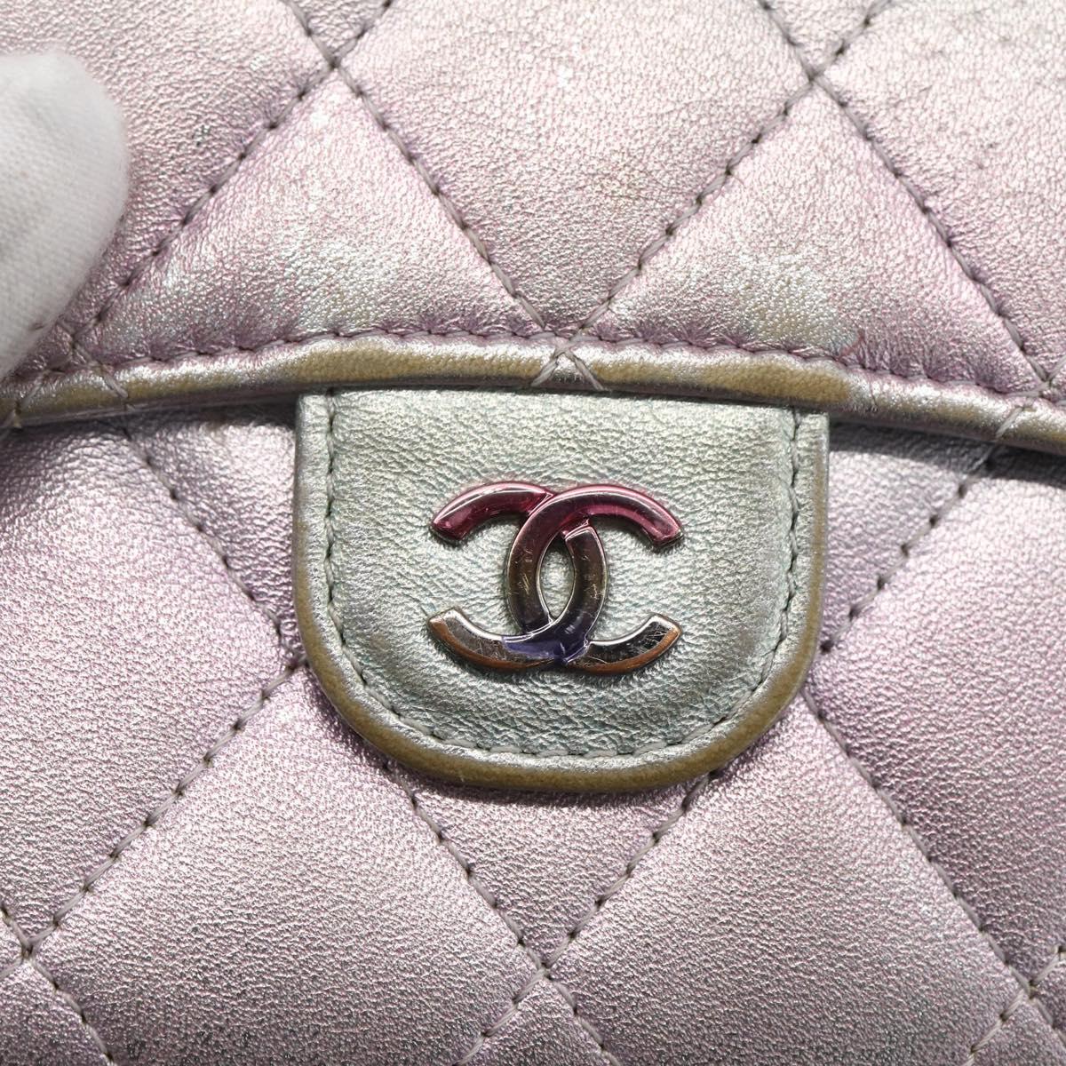 CHANEL Matelasse COCO Mark Bifold Wallet Lamb Skin Silver CC Auth 133240A