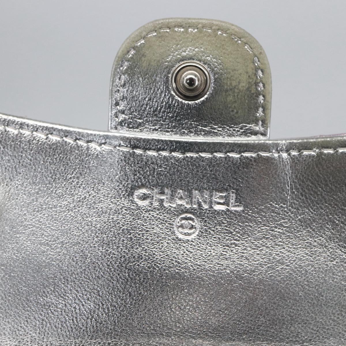 CHANEL Matelasse COCO Mark Bifold Wallet Lamb Skin Silver CC Auth 133240A