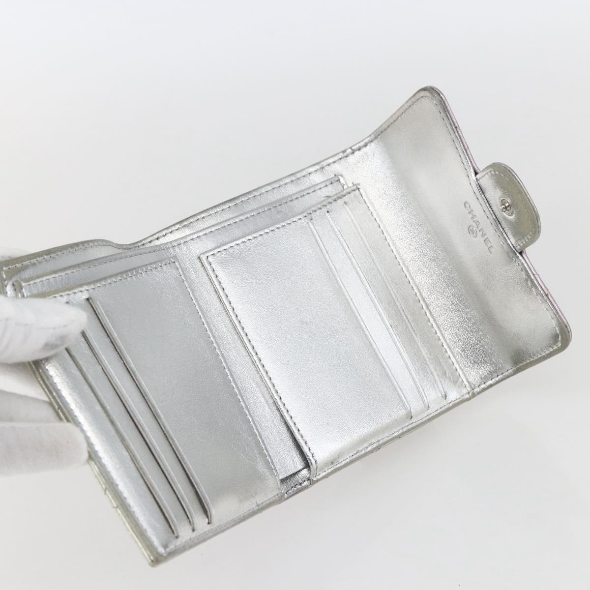 CHANEL Matelasse COCO Mark Bifold Wallet Lamb Skin Silver CC Auth 133240A