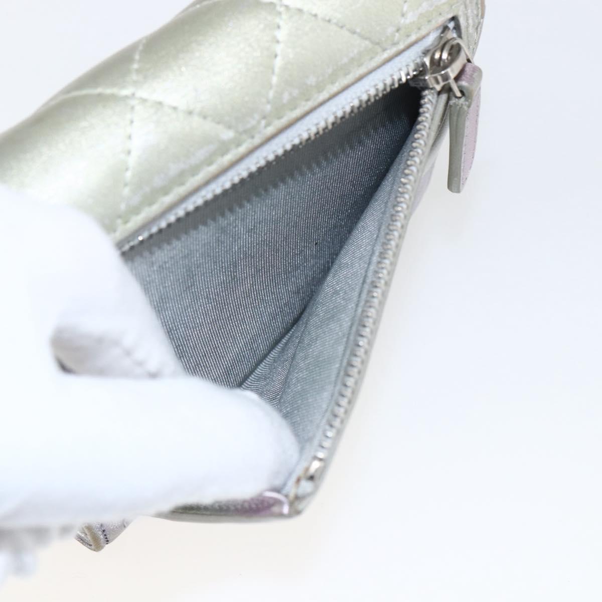 CHANEL Matelasse COCO Mark Bifold Wallet Lamb Skin Silver CC Auth 133240A