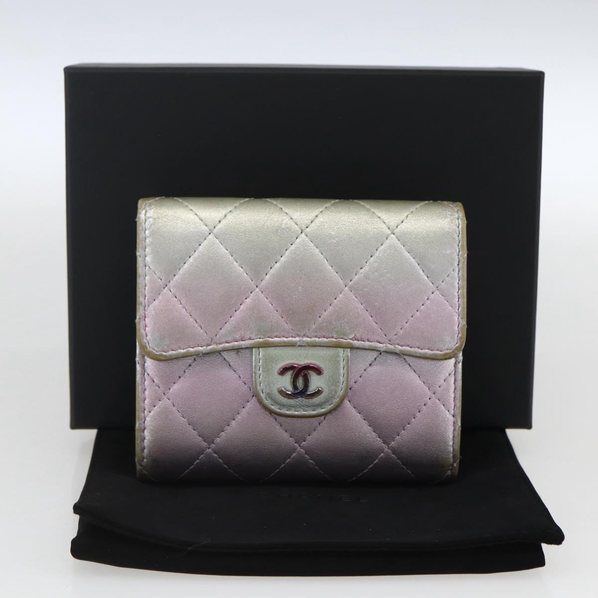 CHANEL Matelasse COCO Mark Bifold Wallet Lamb Skin Silver CC Auth 133240A