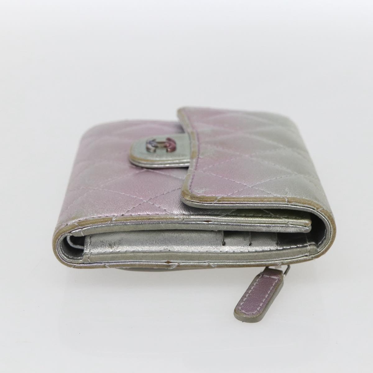 CHANEL Matelasse COCO Mark Bifold Wallet Lamb Skin Silver CC Auth 133240A