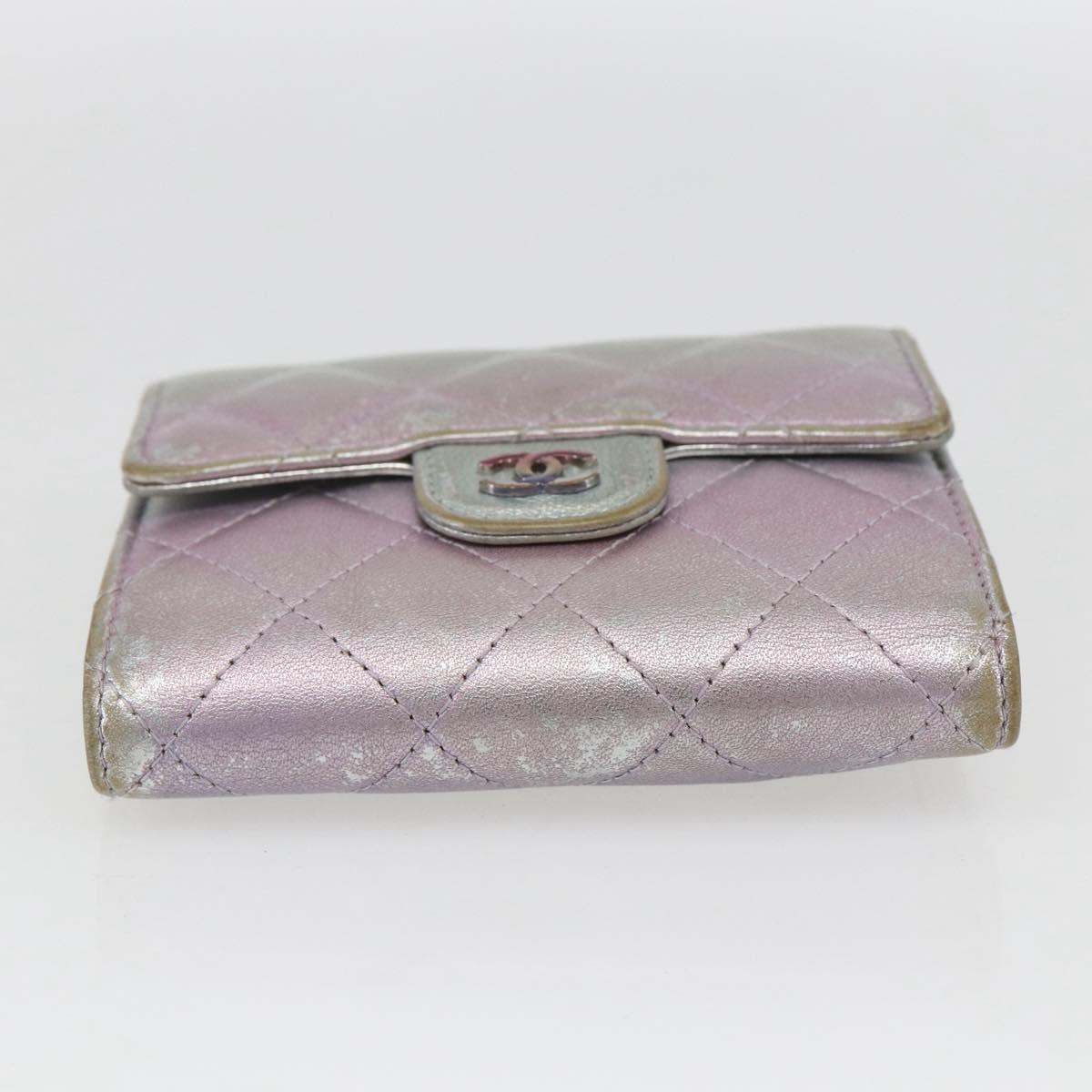 CHANEL Matelasse COCO Mark Bifold Wallet Lamb Skin Silver CC Auth 133240A