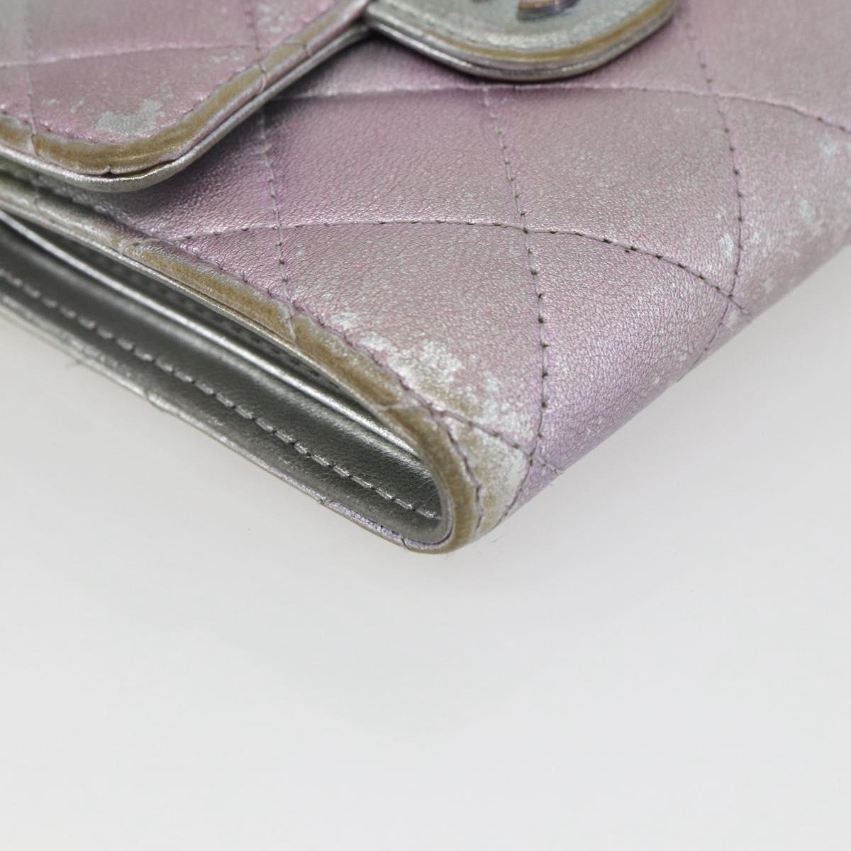 CHANEL Matelasse COCO Mark Bifold Wallet Lamb Skin Silver CC Auth 133240A