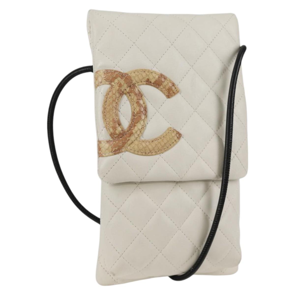 CHANEL Cambon Line Shoulder Bag Lamb Skin White Silver CC Auth 133269V