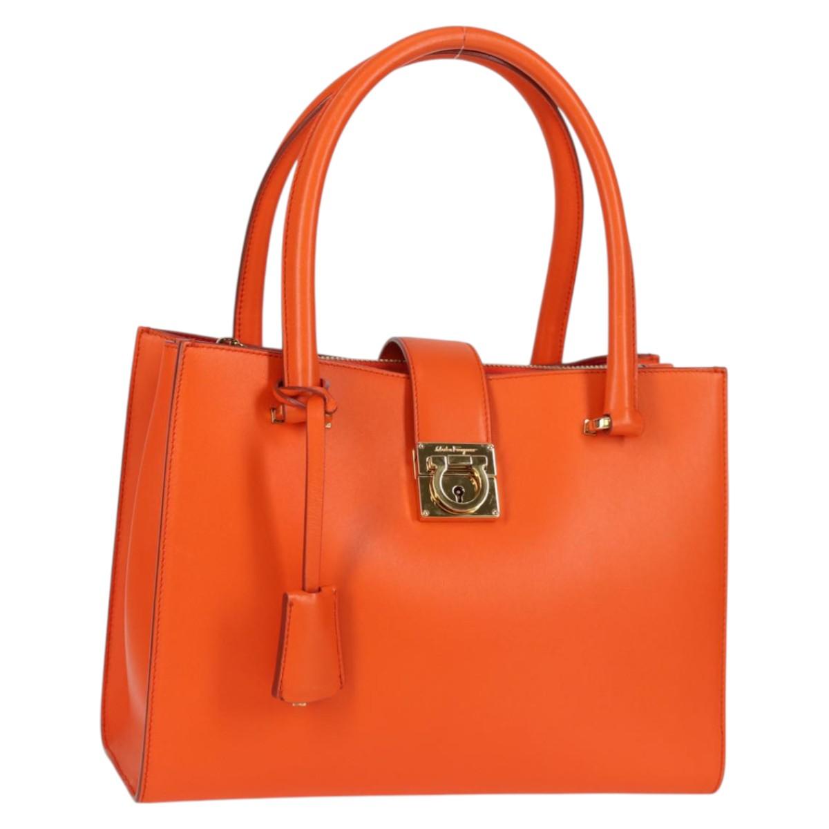 Salvatore Ferragamo Gancini Hand Bag Leather Orange Gold Auth 133276V